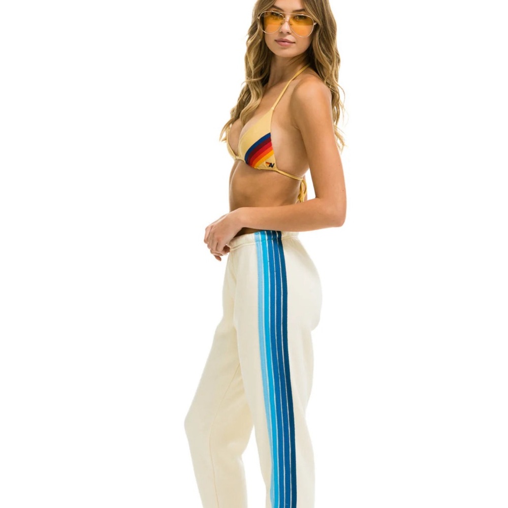 Aviator Nation Cream Sweatpants with Blue Stripes